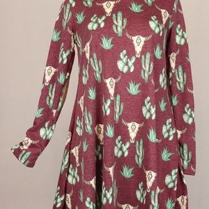 Maroon Cow Print & Cactus Dress